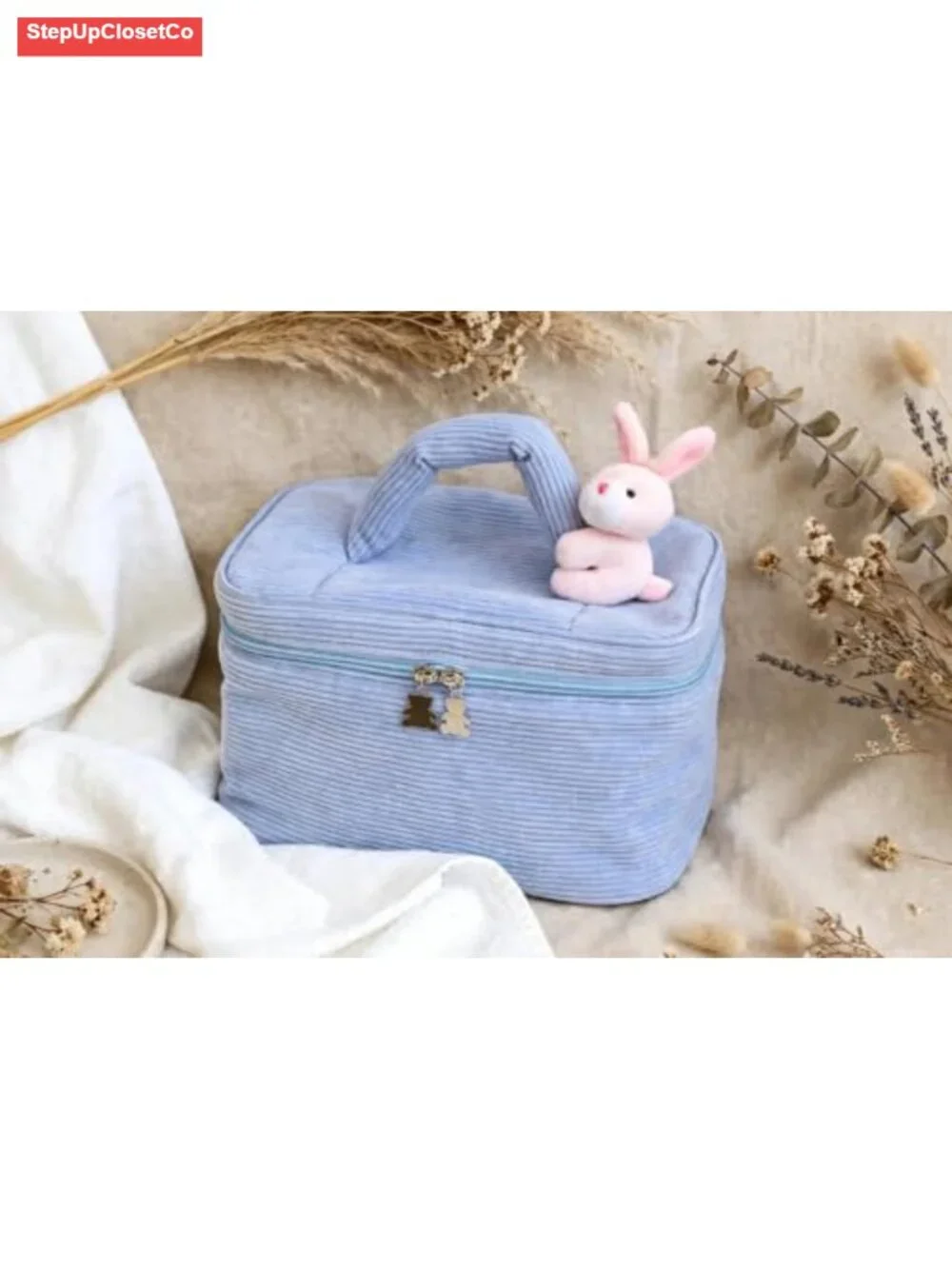 Cute Corduroy Makeup Bag with Bear Charm, Large Cosmetic Organizer, Travel